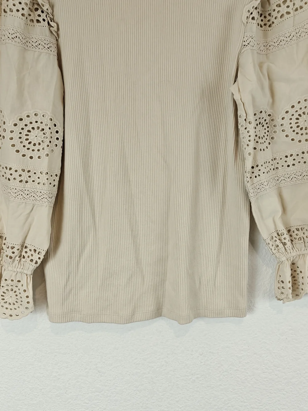 J.Crew Nwot Vintage Rib Ruffle‑Trim Eyelet Long Sleeve Top — Beige, Size S